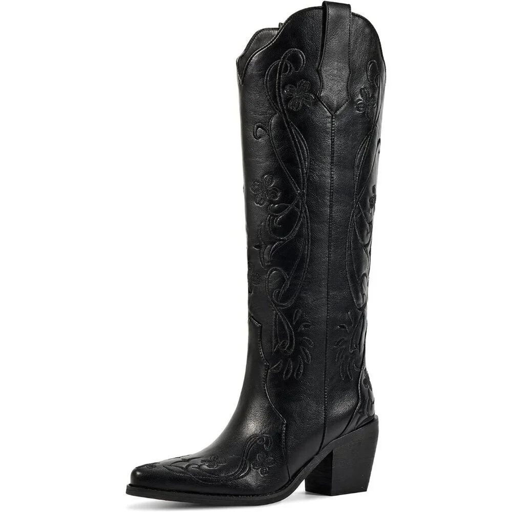 🆕Women Faux Leather Classic Black Floral Embroidered Chunky Heel Pointed Boot